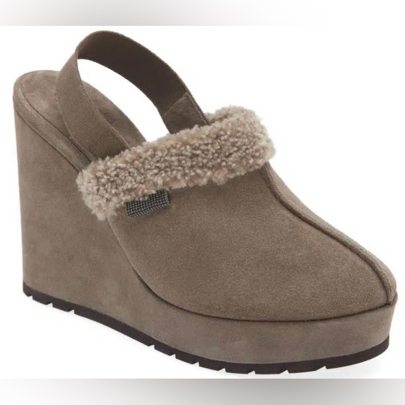 Brunello Cucinelli Suede Shearling Wedge Slingback Clogs Grey size EU 39 / US 9 - Picture 1 of 14